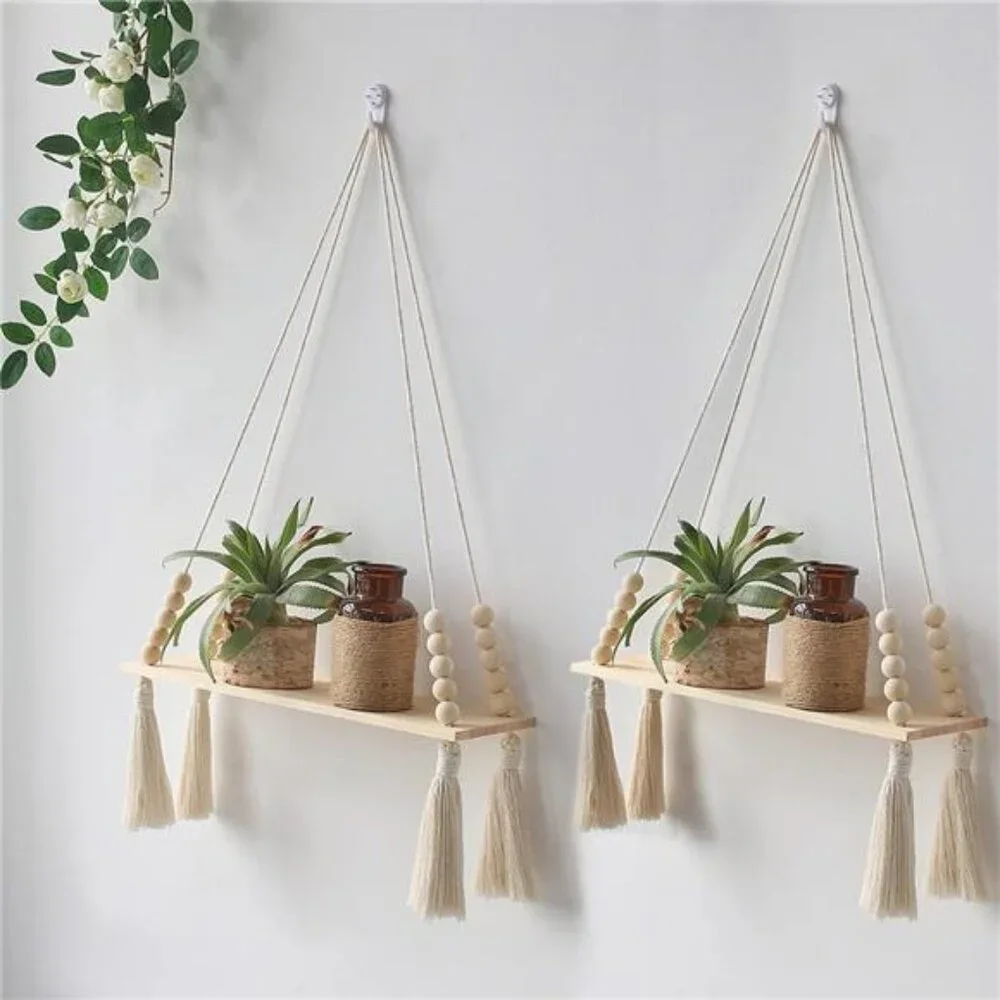 2 Pack Wooden Wall Hanging Shelves - Macrame Hanging Plant Shelf with Tassel